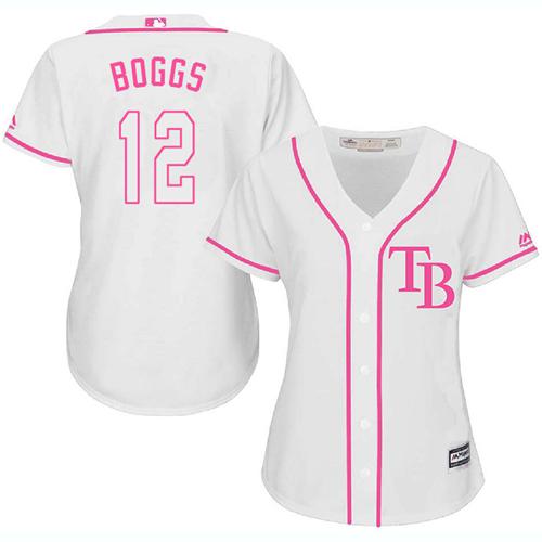 Rays #12 Wade Boggs White/Pink Fashion Women's Stitched MLB Jersey - Click Image to Close